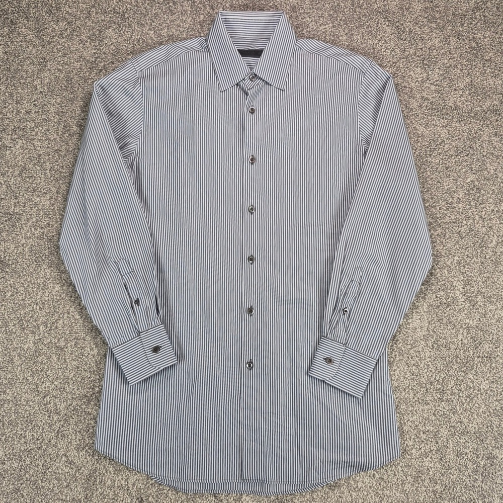 Vintage Prada Dress Shirt Mens 39 15.5 Gray Striped Button Made in Italy